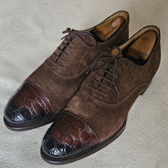 Gucci Brown Suede and Crocodile Skin Oxfords - Picture 1 of 12